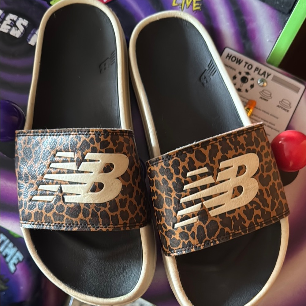 New Balance Kids' Leopard Print Slide Sandals - Black and Brown